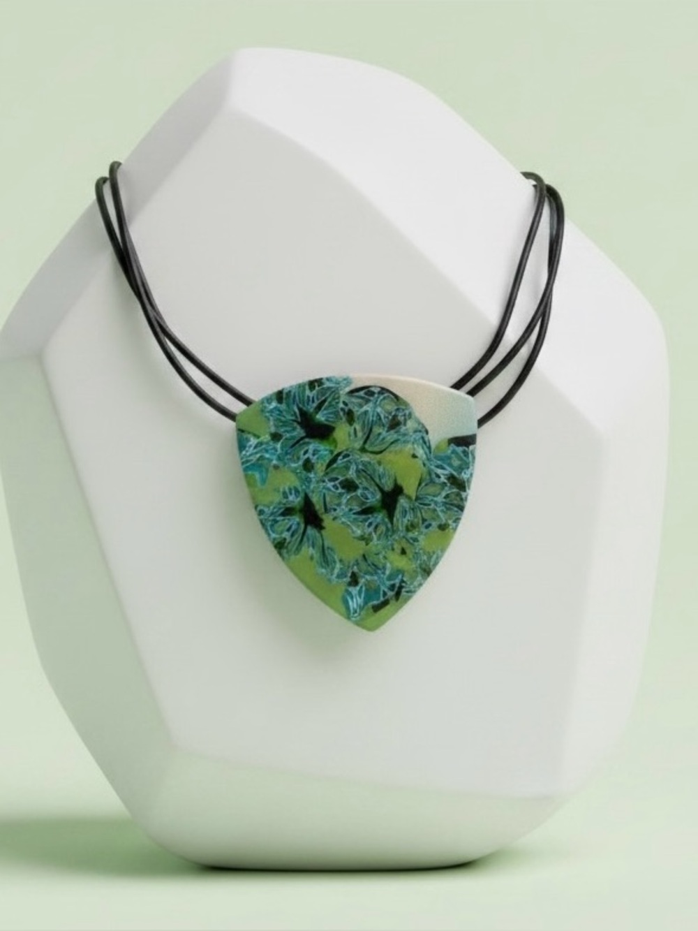 Handmade Blue & Green Abstract Floral Polymer Clay Large Pendant Necklace Cord